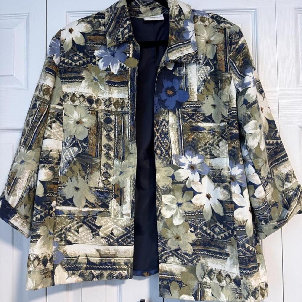 Alfred Dunner 2X Women’s Floral Abstract Jacket Blue Green Boho Button Front wit